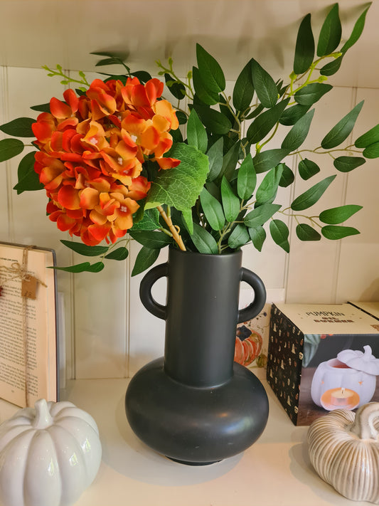 Matt Black Vase With Single Hydrangea and Greenery