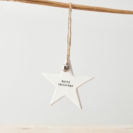 Porcelain Embossed Star Hanger, Merry Christmas