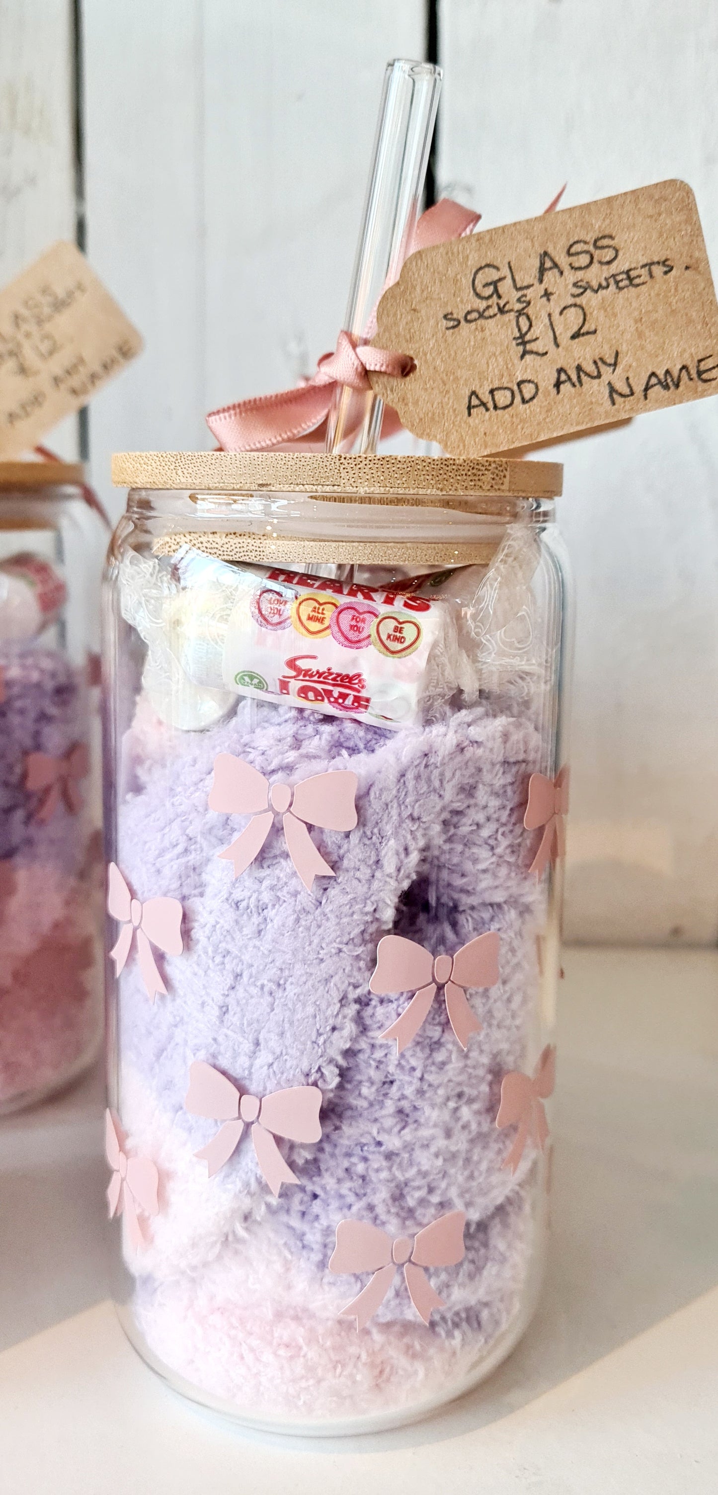 Galentine's Glass Can Cup with Straw, fluffy socks and Love Heart Sweets