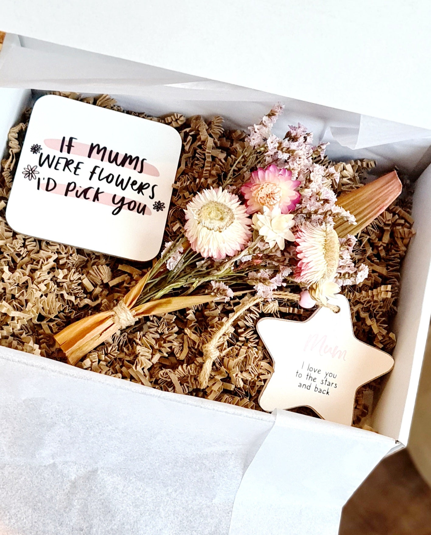 Mum Gift Box, coaster, dried flower posy and heart