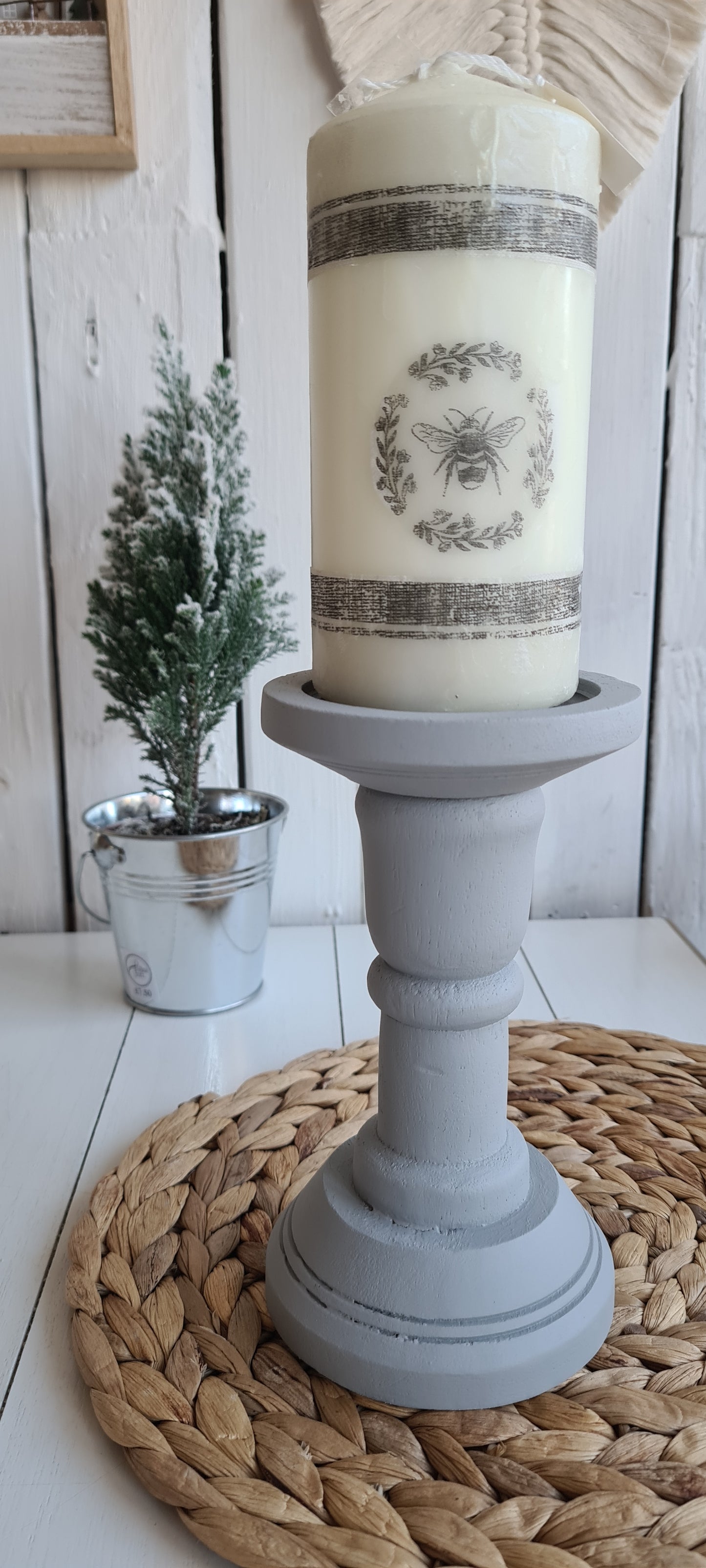 Bee Print Hand Decorated Candle on wooden Candle stick