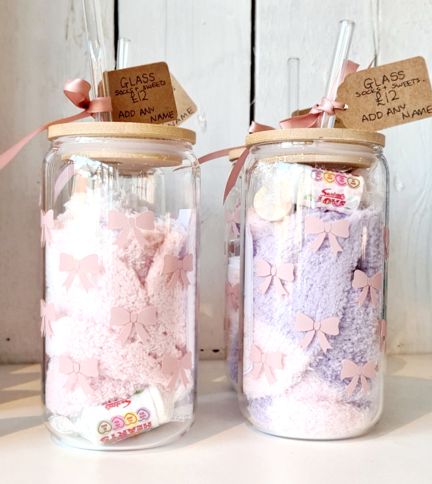 Galentine's Glass Can Cup with Straw, fluffy socks and Love Heart Sweets