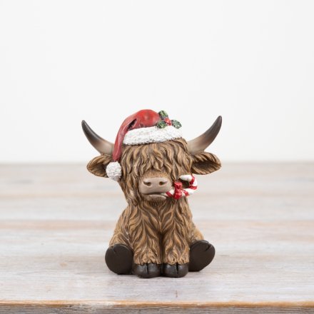 Festive Resin Highland Cow with Candy Cane, 11cm