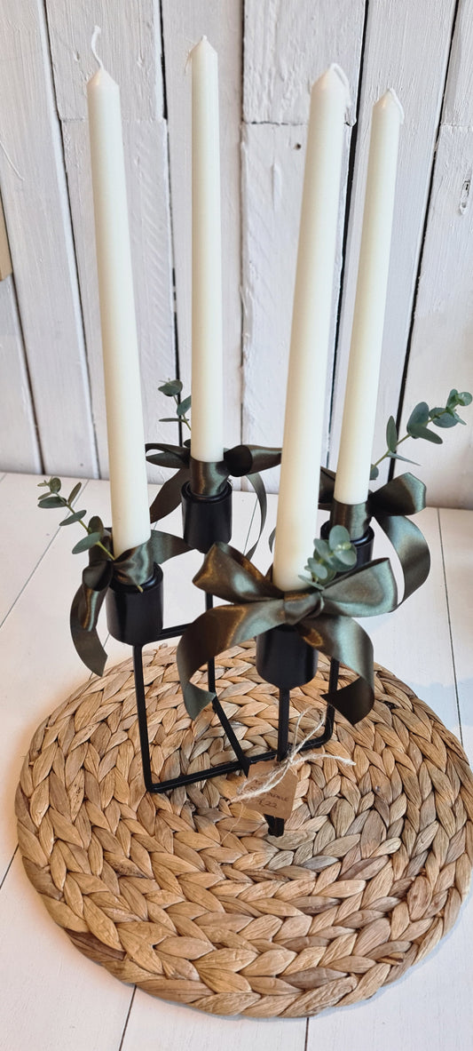 Table Centrepiece, 4 candles with ribbon and Fresh Eucalyptus